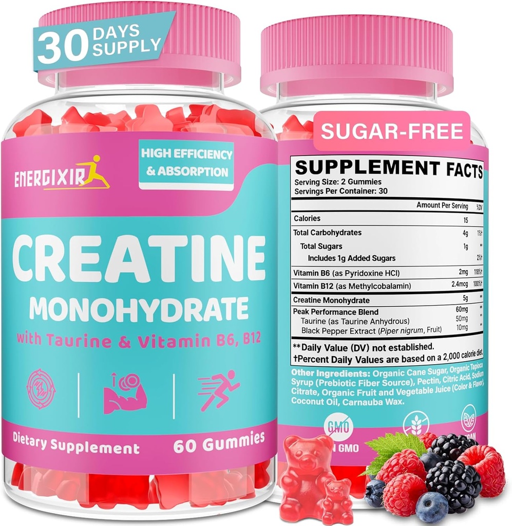 Creatine for Women, Creatine Monohydrate Gummies - No Bloating - Creatine Pre and Post Workout Chewables Supplement with Taurine & B6 - for Recovery, Strength, Energy & Booty, Performance, 60 Counts