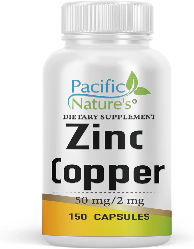 Supplément de cuivre au zinc de la nature PACIFIQUE (150 capsules) avec 50mg de gluconate de zinc, 2mg de sulfate de cuivre pour le support immunitaire - sans gluten, non-OGM