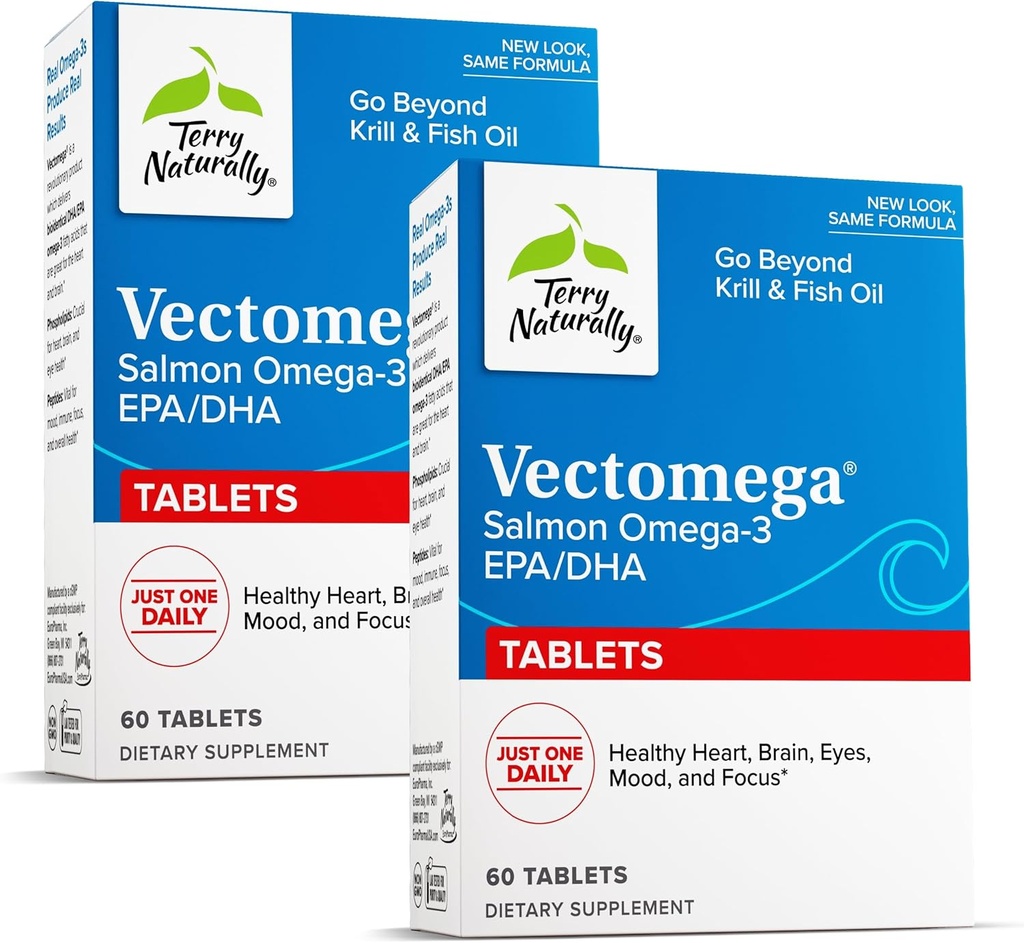 Terry Vectomega naturellement - Supplément avec EPA & DHA - Comprimés Oméga-3 pour le soutien de la santé du cerveau et du coeur - Supplément nutritionnel avec acides gras essentiels et peptides - 60 comprimés (paquet de 2)