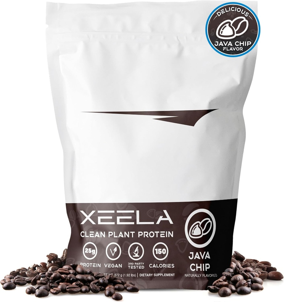 Poudre végétale de protéines végétales XEELA - Testé indépendamment - 25g de protéines élevées, de pois pour les hommes et les femmes - Vitamines et minéraux, non OGM, sans produits laitiers et sans gluten, faible teneur en glucides et faible teneur en gras (Java Chip)