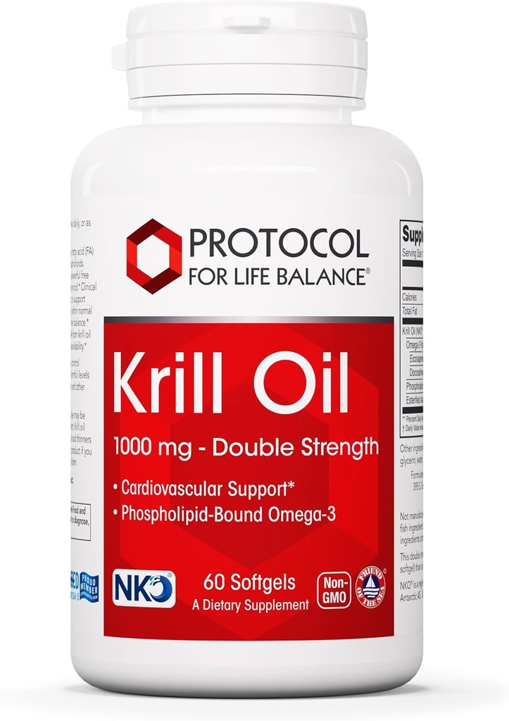 PROTOCOLE POUR LA BALANCE VIE Huile de krill 1000mg - Supplément d'huile de krill extra-résistance - DHA et EPA - avec l'astaxanthine - Soutien du cœur, du cerveau, des articulations - Non-OGM et Halal - 60 Softgels