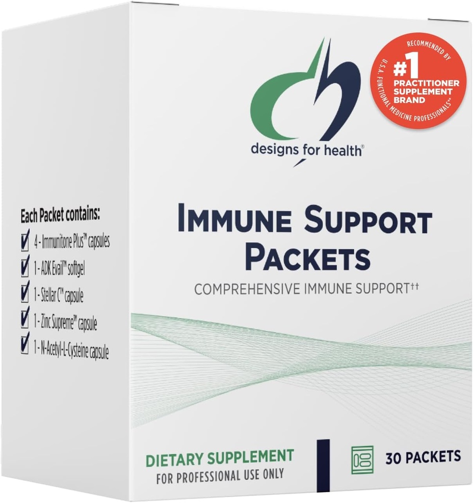 Designs for Health Immune Support Packets - Un mois d'approvisionnement Packs de vitamines avec Immunitone Plus Complexe de champignons + Herbes, NAC, Vitamine D + K, Zinc + Vitamine C (30 Packets)