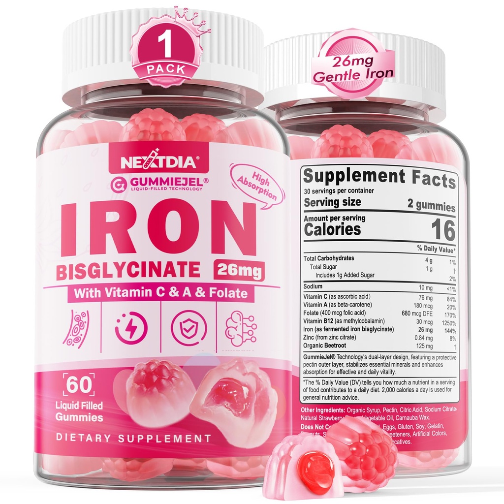 Gommies de fer pour les femmes et les hommes - Bisglycinate de fer avec folate de vitamine C B12 Zinc pour les adultes, fer doux à croquer pour la carence en fer, booster l'énergie, non constipant et après le goût, sans sucre 1 pack