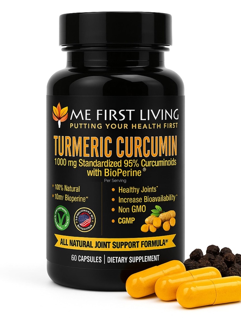 Me First Living Curcumin curcumaire 1000 mg 95% Curcuminoides, Bioperine 10 mg, 19x Plus de potentiel que les autres, Absorption accrue, Non-OGM, Turcuma organique, Vegan, Sans gluten, 60 Capsules