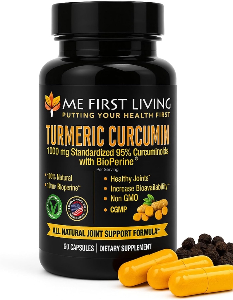 Me First Living Curcumin curcumaire 1000 mg 95% Curcuminoides, Bioperine 10 mg, 19x Plus de potentiel que les autres, Absorption accrue, Non-OGM, Turcuma organique, Vegan, Sans gluten, 60 Capsules
