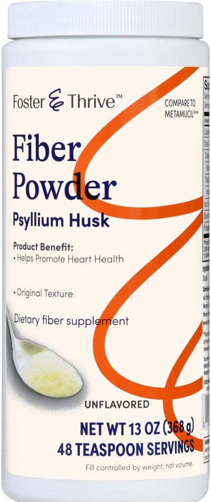 Supplément quotidien de poudre de pulpe de psyllium Foster & Thrive, fibre de 4 en 1 pour laxatif de santé digestive, soulage la constipation occasionnelle, sucré avec/réel sucre, saveur originale, 48 doses