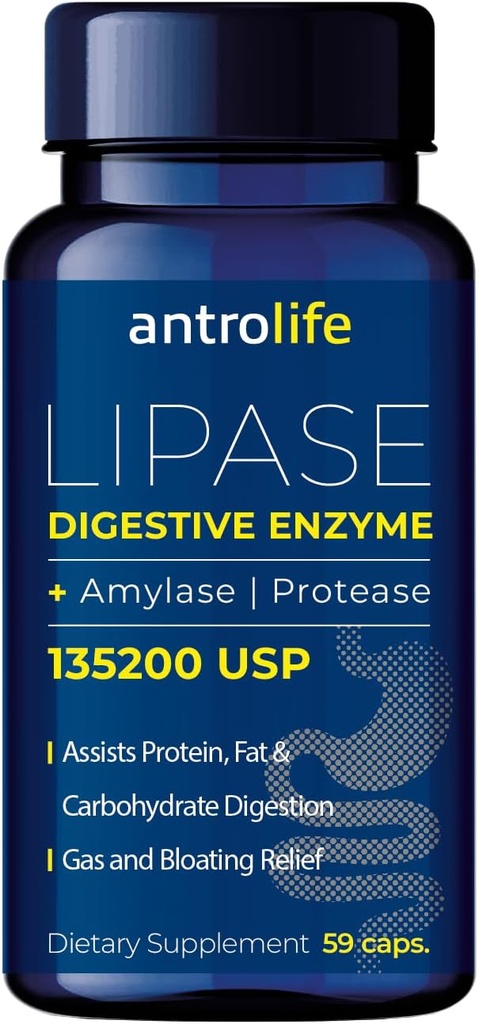 ANTROLIFE Supplément de santé digestif - Enzymes avec Lipase Suppléments nutritionnels et Amylase pour le confort digestif - Supplément alimentaire - 59 Capsules