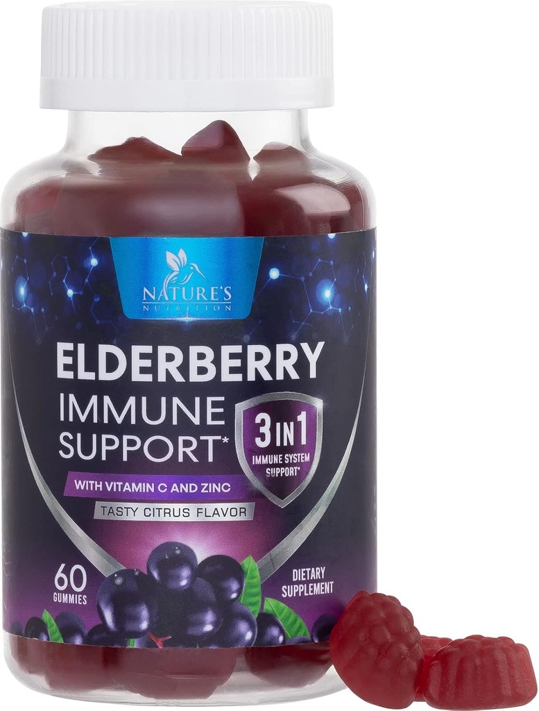 Gommies aux baies aînées avec vitamine C, D3 et zinc - Gommy de soutien immunitaire pour les enfants et les adultes, Supplément de soutien de santé aux baies aînées de Black Elderberry Extract Gommy Imune, Vitamine - 60 Gommy