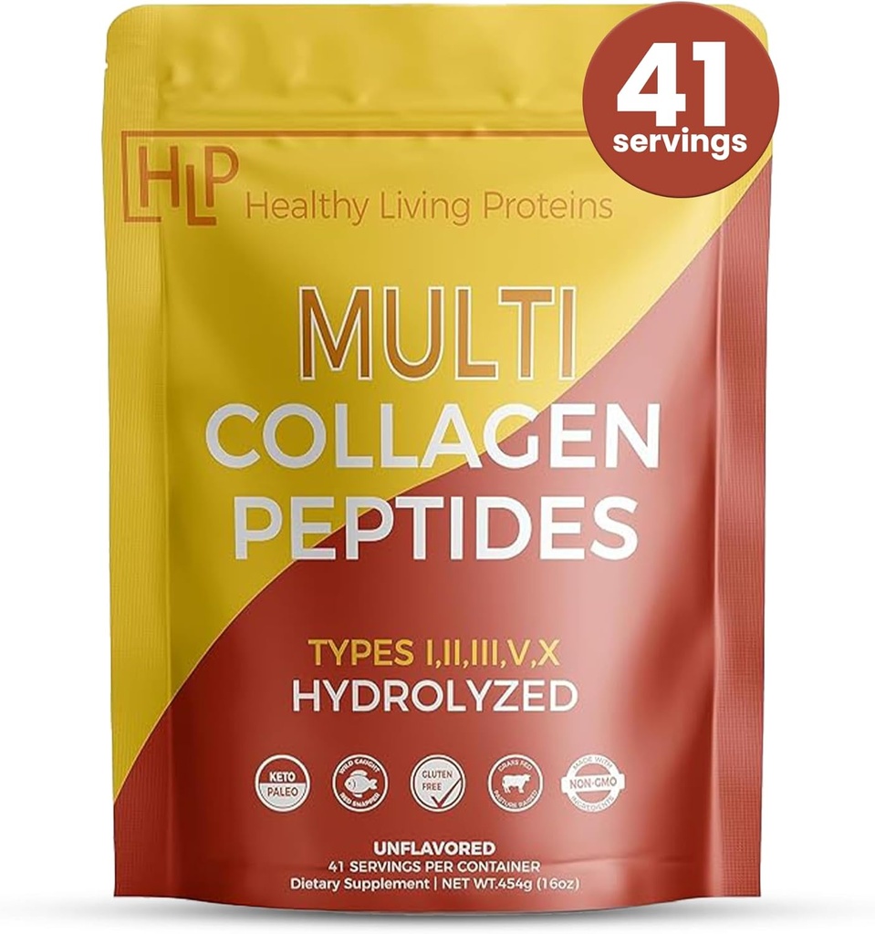 Healthy Living Proteins | Multi Hydrolyzed Collagen Peptides Type I, II, III, V, & X | Grass Fed Bovine, Wild Caught Marine, Free Range Chicken | Gluten Free (Unflavored, 1 Pound (Pack of 1))