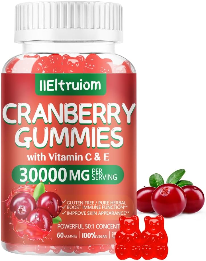 Gummies de canneberges Santé urinaire pour les femmes et les hommes, 50X concentré extrac, vitamine C et E, Gummies de canneberges pour les femmes avec Hibiscus pour soutenir Immune, 60 comtes