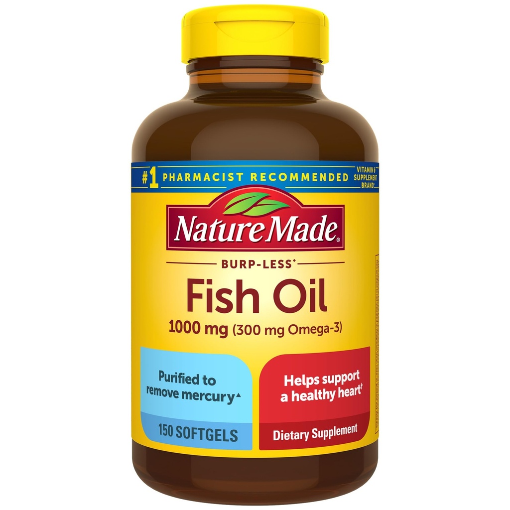 Nature faite Burp moins huile de poisson Omega 3 suppléments, 1000mg Softgels, Omega 3 suppléments huile de poisson pour un soutien cardiaque sain, 150 Softgels, 75 jours d'approvisionnement