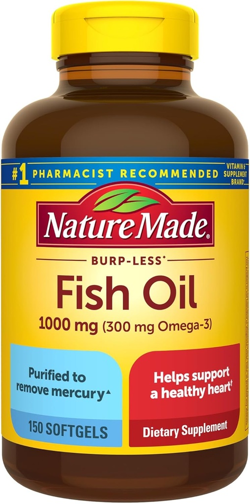 Nature faite Burp moins huile de poisson Omega 3 suppléments, 1000mg Softgels, Omega 3 suppléments huile de poisson pour un soutien cardiaque sain, 150 Softgels, 75 jours d'approvisionnement