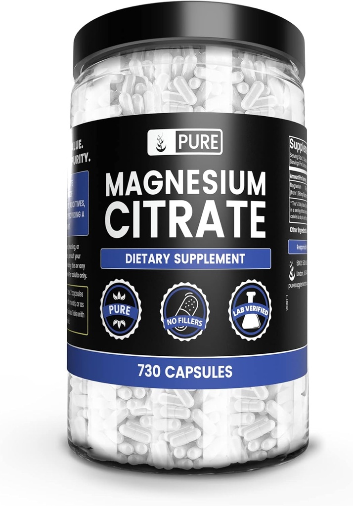 Ingrédients originaux purs Citrate de magnésium (730 Capsules) Pas de Magnésium ou de Rice Fillers, Toujours Pure, Verified Lab