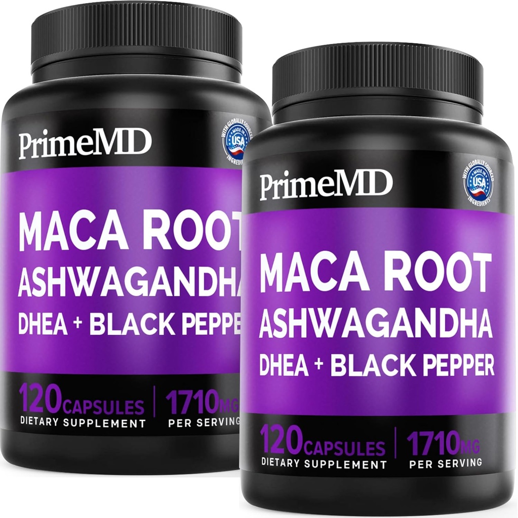 Capsules 6-en-1 de racine de maca ashwagandha biologique 1710mg avec DHEA et extrait de poivre noir pour les femmes et les hommes - Supplément de maca noir pour l'endurance, les os et l'humeur, 120ct (paquet de 2)
