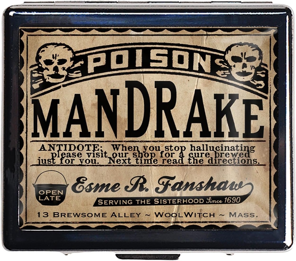 Silver Vintage Pill Box 7 Day Metal Pill Box avec miroir et 8 compartiments Mignon organisateur de pilules de voyage pour la chasse (Poison Mandrake)