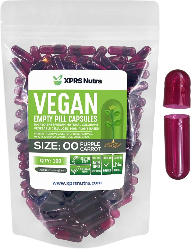 XPRS Nutra Size 00 Empty Capsules - 100 Count Empty Vegan Capsules - Vegetarian Empty Pills - DIY Vegetable Capsule Filling- Veggie Pill Caps (Purple Carrot)