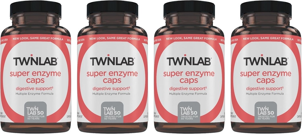 Twinlab Super Enzyme Caps - Constipation Supplement with Digestive Enzymes - 50 Capsules (Pack of 4)