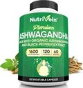 Nutrivein Ashwagandha pour les hommes et les femmes - 1600mg - Enhanced with Black Pepper - Suppléments de poudre de racine à haute absorption Ashwagandha pour équilibre d'humeur, sommeil reposé et focus - 120 Capsules Vegan