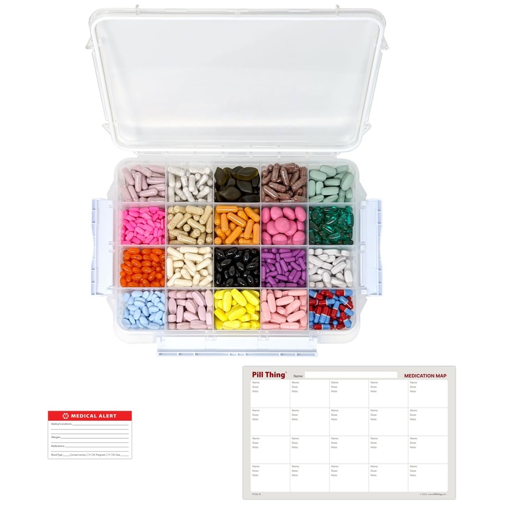 20 Compartiment grand cas de pilule avec joint hermétique - silicone joint étanche boîte Med avec carte de médicaments (20 Compartiment, 1 paquet)