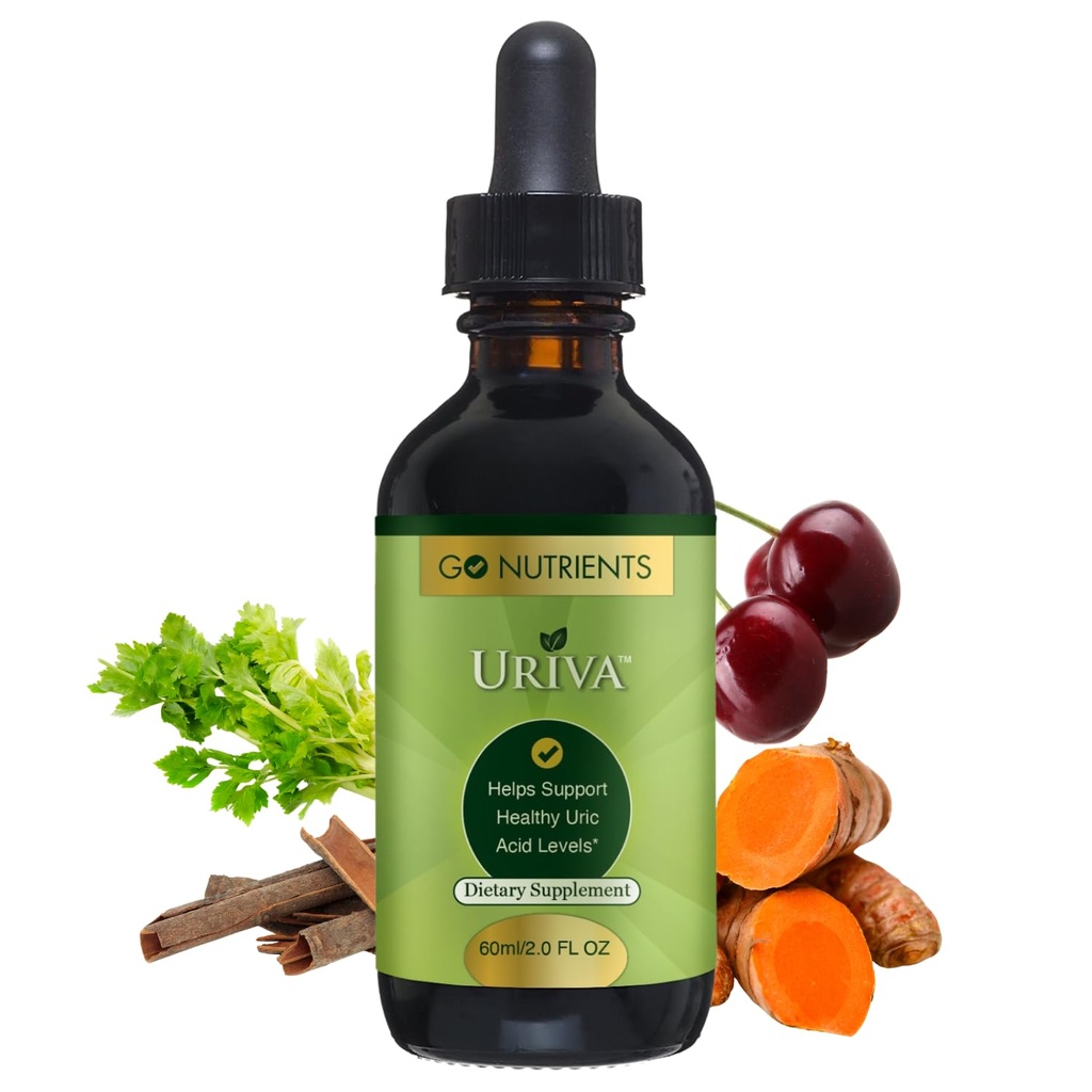 Go Nutrients Uriva - Acide Urique Avancé Flush Cleanse avec Extrait de Tart Cherry Graines de Celery, Turmeric & More - Supplément de gouttes liquides d'absorption élevée pour les articulations et le rein 2,0 oz.