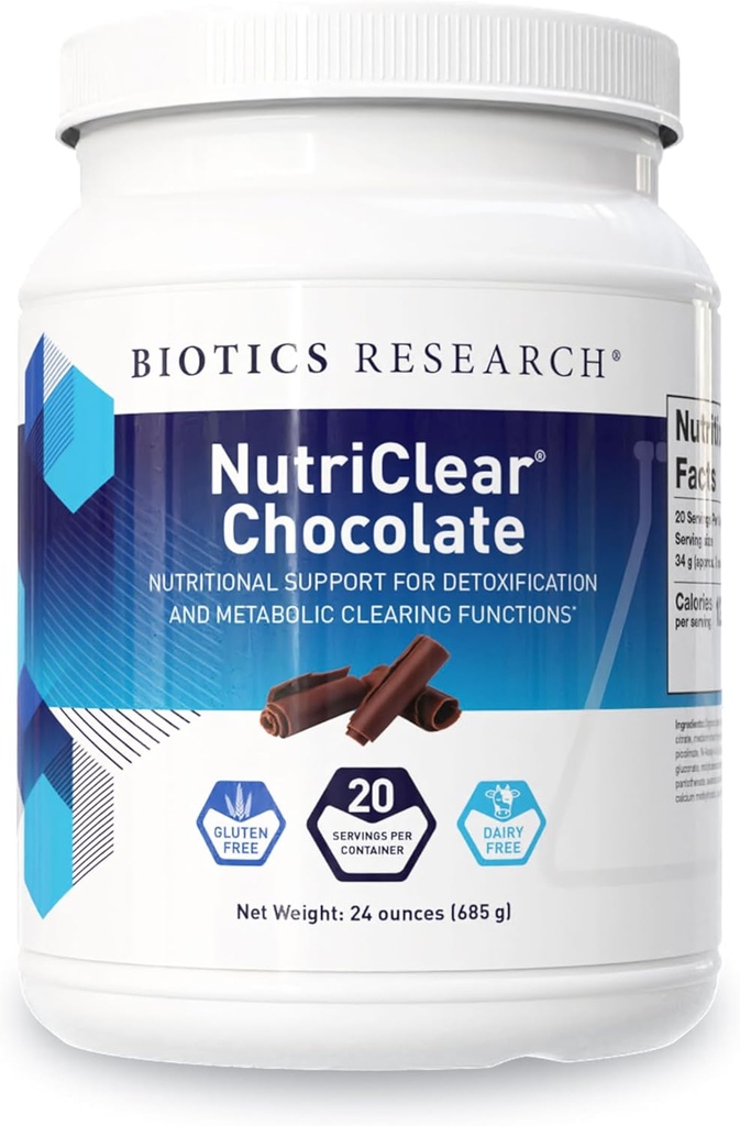 Recherche en biotique Chocolat NutriClear – Poudre de chocolat. Soutien nutritionnel pour la désintoxication et la compensation métabolique, composition corporelle saine, 17 g de protéines de pois organiques par portion de 24 oz