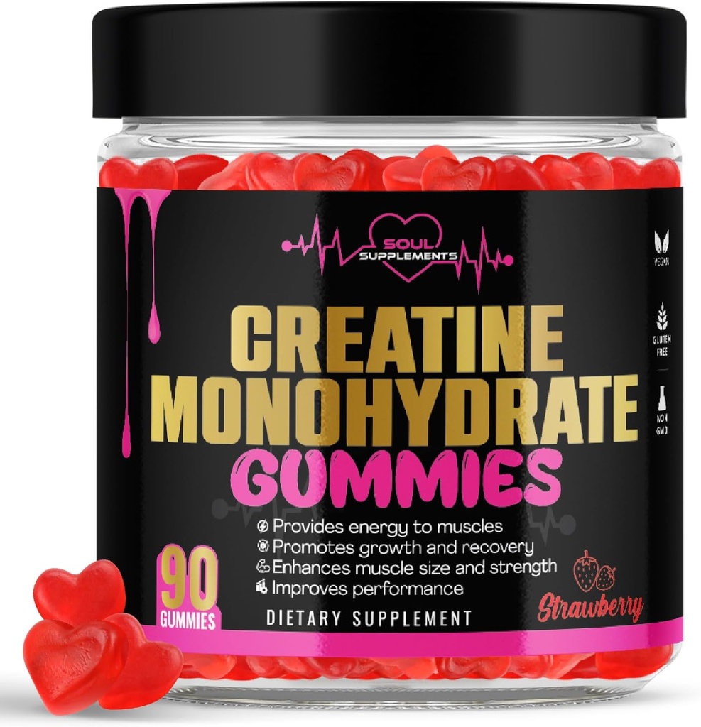 Générique Créatine Monohydrate Gummies pour la récupération musculaire, gain et la force musculaire, la concentration énergétique et la santé du cerveau, sans gluten, non OGM, supplément végétalien pour les hommes et les femmes, 30 portions 90 ct