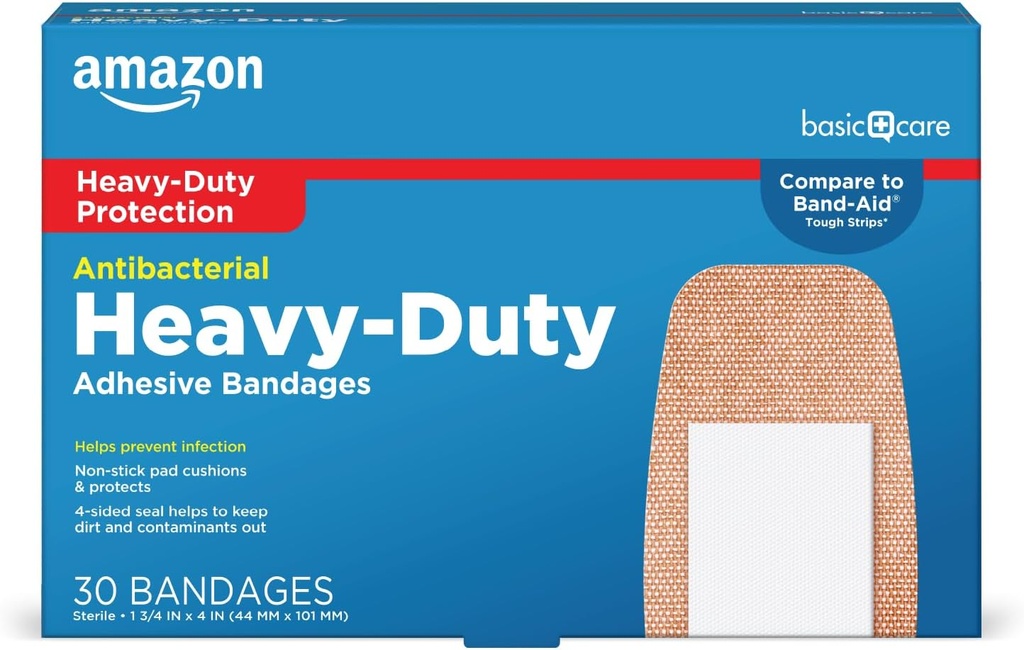Amazon Basic Care Tissu lourd Bandes adhésives, Tough & Flexible Pad Coussin, 1,75 x 4 pouces (30 comte)