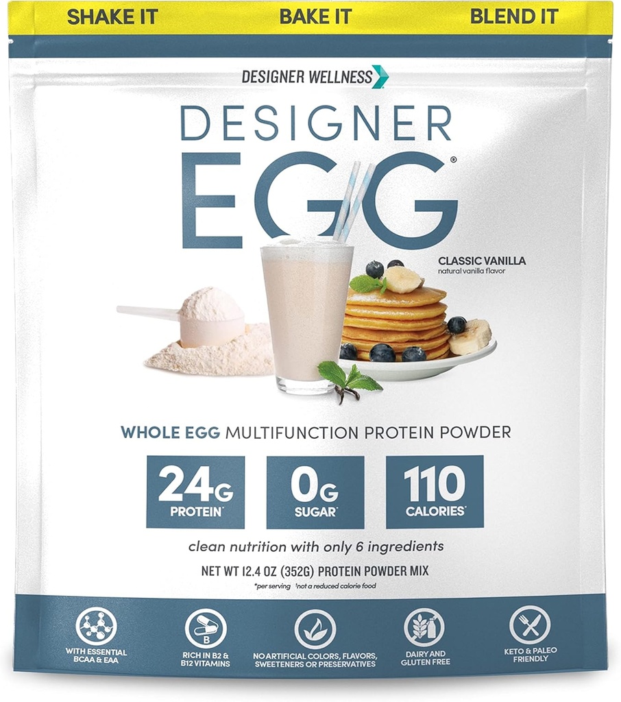 Designer Wellness, Designer Egg, Natural Egg Yolk & Egg White Protein Powder, Keto and Paleo Friendly, Low Calorie, Moins de gras et de cholestérol, Classic Vanilla, 12.4 Ounce