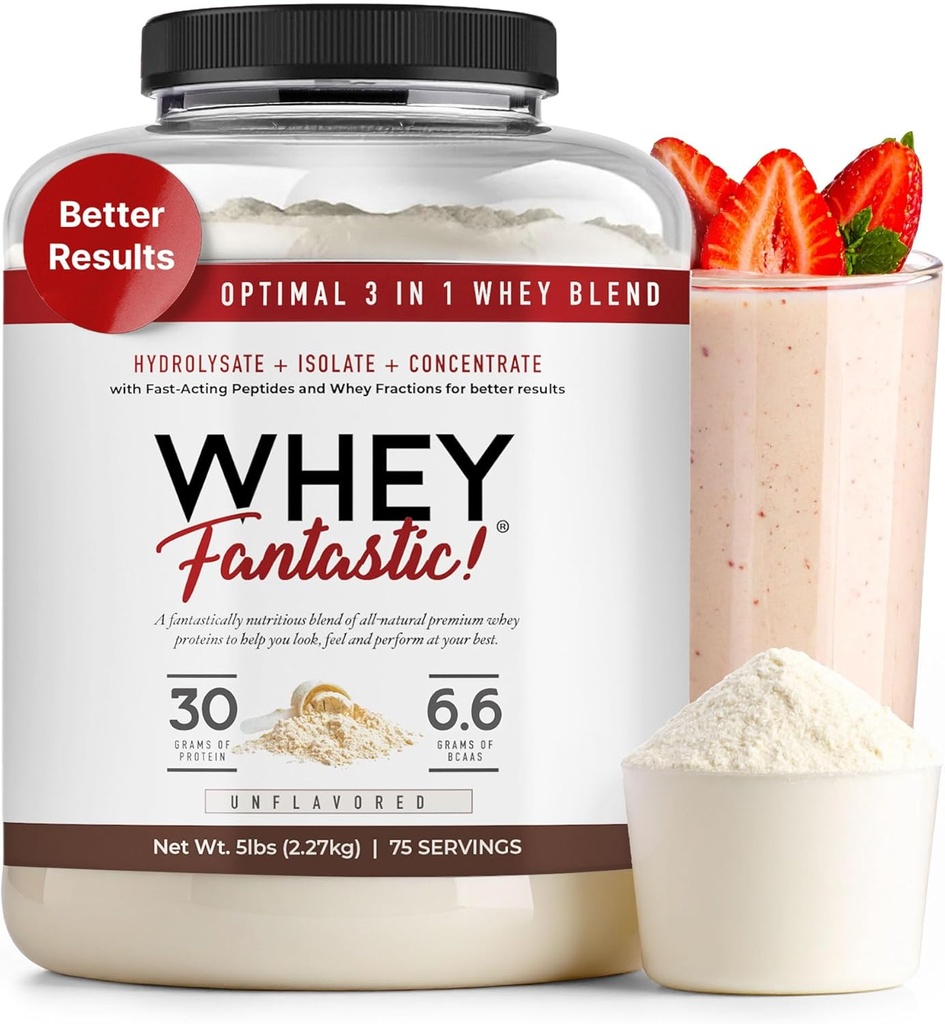 3-in-1 Whey Protein Powder Unflavored 5lb – 30g of Grass-Fed Protein from Whey Hydrolysate, Isolate and Concentrate per serving – Non-GMO, Soy-Free, Sugar-Free – 63 Servings