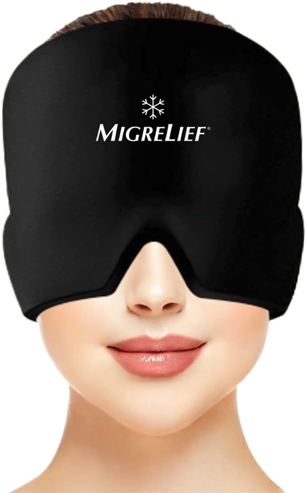Capuchon de soulagement de la migraine de Migrelief - Capuchon de glace pour les migraines et les maux de tête avec couverture de la tête et des yeux à 360 degrés - Cold Therapy Chapeau de traitement des maux de tête et Masque de migraine pour le soulagement de la douleur naturelle - une taille, noir