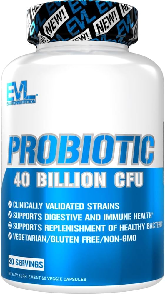Evlution Nutrition Probiotique - 40 milliards d'UCF - Soutient la santé digestive + immunitaire - Supplément probiotique pour les hommes et les femmes - Végétarien, sans gluten et non-OGM - 30 portions - 60 capsules de légumes