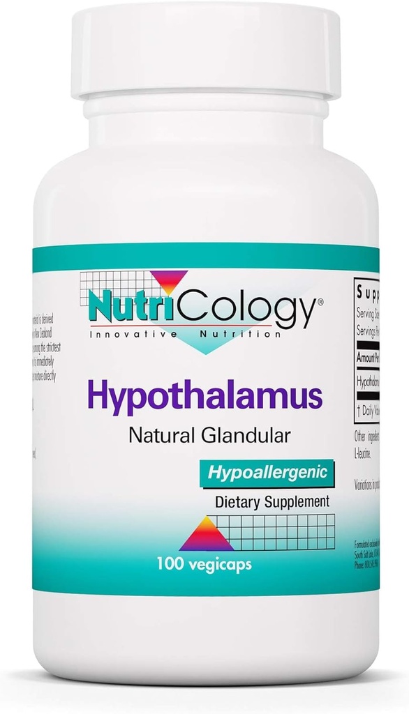 Nutricology Hypothalamus Supplement - Endocrine Support, Natural Glandular, 500mg Adrenal Support, Adrenal Pituitary, Adrenal Gland Function, Bovine, Lyophilized, Vegicaps - 100 Count