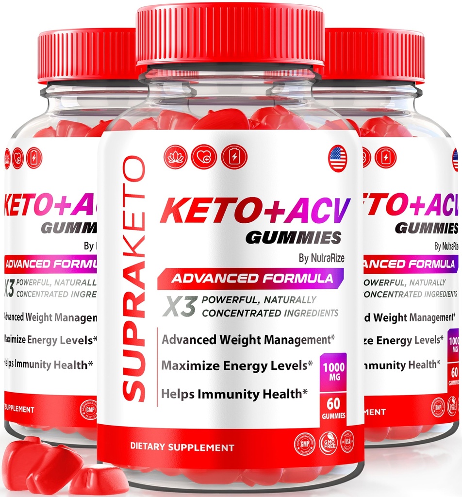 NutraRize (Pack of 3 Supra Keto ACV Gummies for Weight Loss, Premium Keto+ACV Gummies, All-Natural Apple Cider Vinegar Gummy, Advanced Formula, Official Supplement Reviews (180 Gummies)