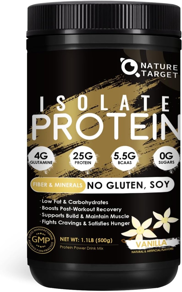 NATURE TARGET Isolate Whey Protein Powder Vanilla, 25g Protéine faible teneur en glucides sans sucre et sans gluten, 5,5g BCAA, riche en fibres et minéraux, 1,1 livre, 16 portions