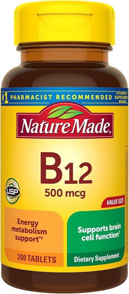 Nature faite de vitamine B12 500 mcg, complément alimentaire pour le métabolisme énergétique, 200 comprimés, 200 jours d'approvisionnement