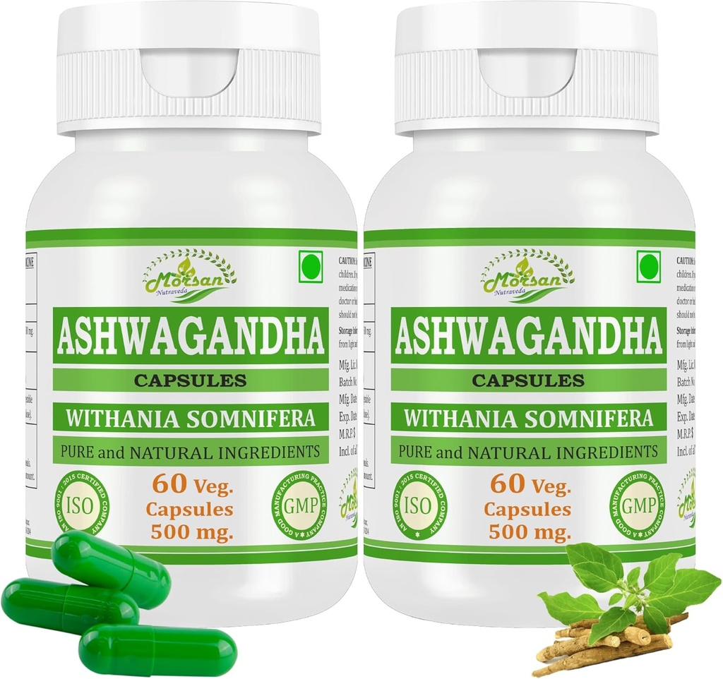 Ashwagandha (Withania Somnifera) Capsules pour hommes et femmes , Supplément à base de plantes ayurvédiques , 500 mg par portion 60 Capsules de légumes , faites avec la racine naturelle Ashwagandha (2 bouteilles de 60 capsules)