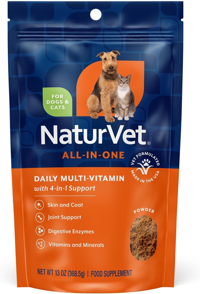 Supplément pour chien tout-en-un NaturVet - pour le soutien articulaire, la digestion, la peau, le soin du manteau – Multivitamines pour chiens avec minéraux, Omega-3, 6, 9 – Vitamines sans blé pour chiens – Poudre de 13-Ounce