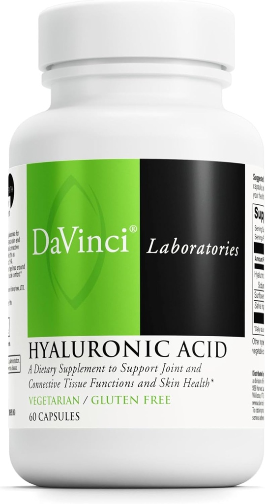 DaVinci Labs Acide hyaluronique - Supplément alimentaire pour soutenir la santé des articulations, du cartilage et de la peau* - Avec l'acide hyaluronique, la lécithine de tournesol et la poudre de Salvia Hispanica - Sans gluten - 60 capsules végétariennes