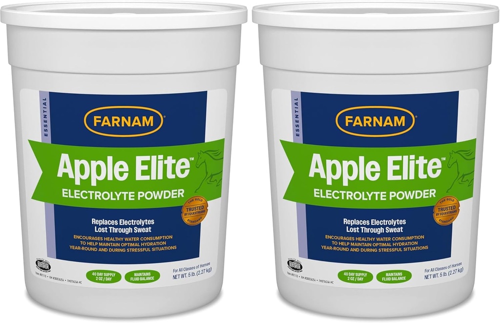 Farnam Apple Elite Horse Poudre d'électrolyte, remplace les minéraux perdus en sueur pendant l'exercice, les conditions météorologiques extrêmes et stressantes, 5 lb., 40 jours d'approvisionnement (paquet de 2)