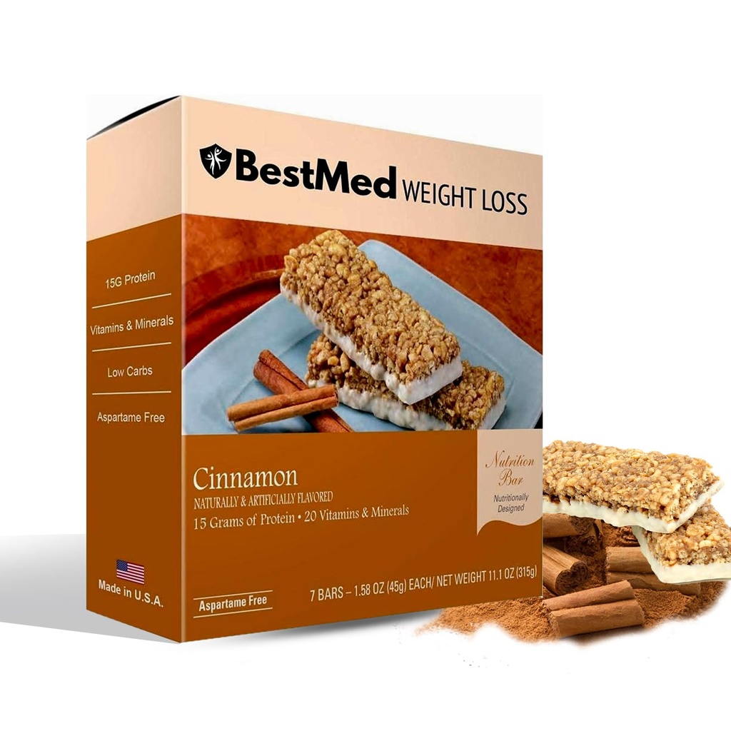 BestMed - Barre de nutrition à haute teneur en protéines - faible teneur en glucides, 15g de protéines, faible teneur en sucre, faible teneur en calories, barre de remplacement des repas (cannelle, 1 boîte - 7 chiffres)