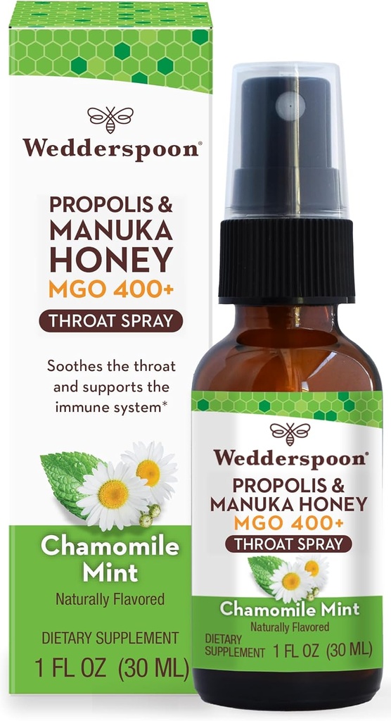 Wedderspoon Propolis et Manuka Honey Throat Spray, Chamomile & Mint, 1 Fl Oz (paquet de 1), Mal de gorge, soutien naturel immunitaire