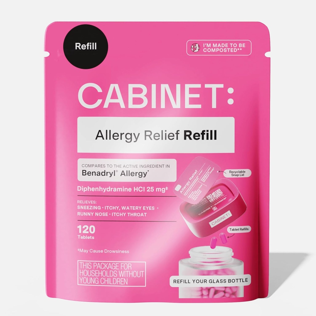Cabinet : Diphénhydramine 25mg Comprimés antihistaminiques anti-allergie pour allergies, fièvre de foin et nez de runny, 120 comprimés (pochette de remplissage)