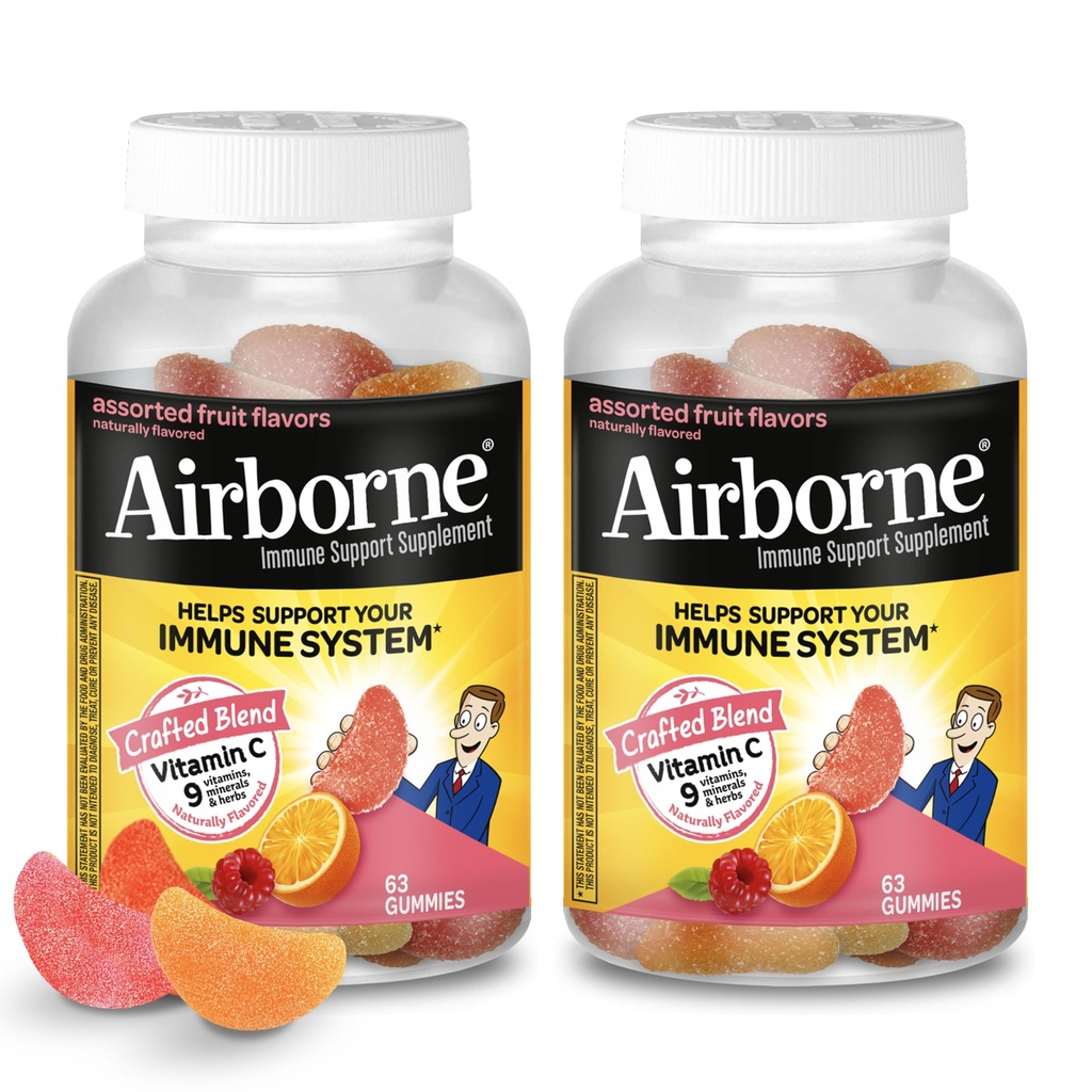 Airborne 750mg Gommies de vitamine C pour adultes, Gommies de soutien immunitaire avec des antioxydants puissants VIT C & E, sans caféine - 2x63ct bouteille (42 portions), Arôme de fruits assortis