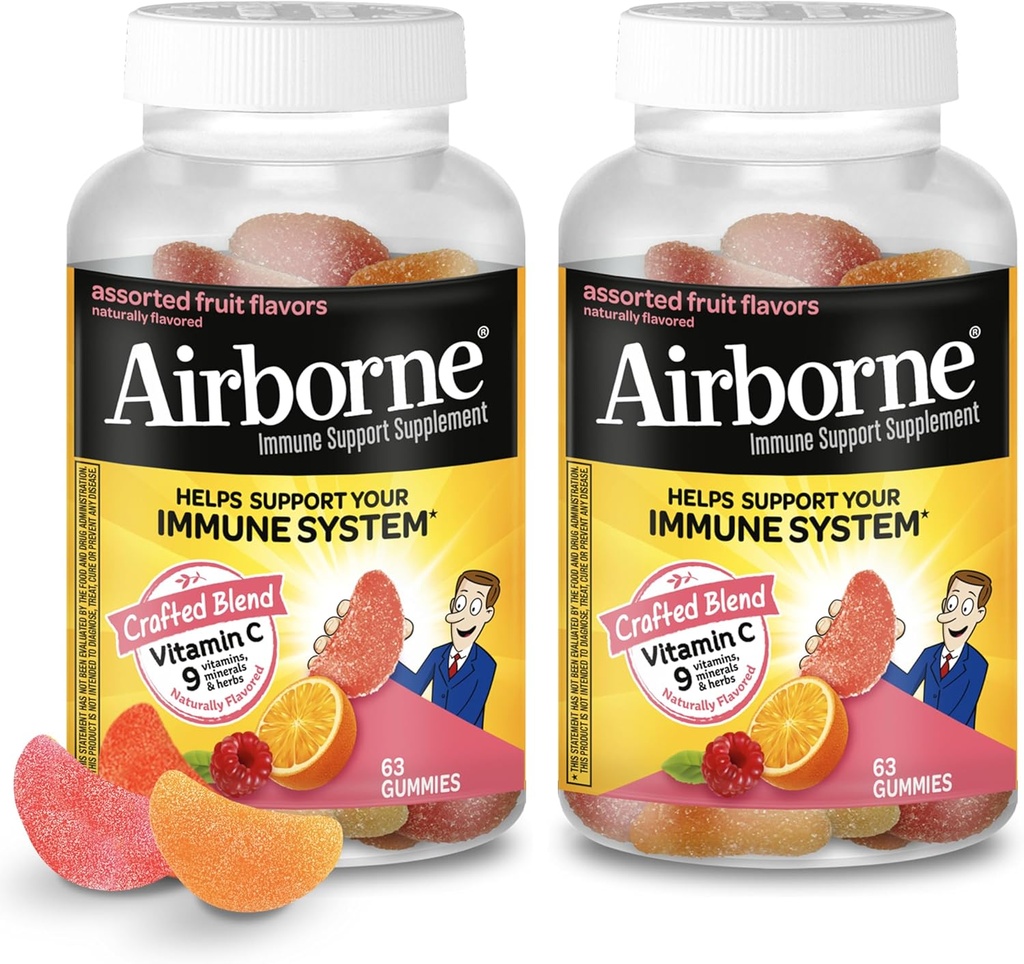 Airborne 750mg Gommies de vitamine C pour adultes, Gommies de soutien immunitaire avec des antioxydants puissants VIT C & E, sans caféine - 2x63ct bouteille (42 portions), Arôme de fruits assortis