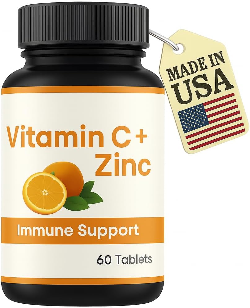 LLC Comprimés de vitamine C 1000mg avec Zinc – Supplément de soutien immunitaire pour les adultes – Antioxydant de haute puissance – Soutient la santé de la peau et le soulagement du froid – Non-OGM, sans gluten – 60 comprimés