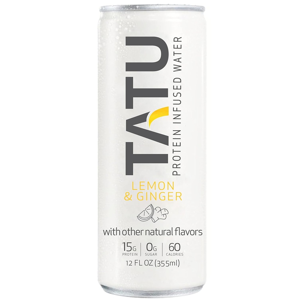 TATU Protéines prêtes à boire Infusion d'eau Lemon Ginger 24 Pack. 15 grammes d'isolat de protéines de lactosérum, 0 grammes de sucre, seulement 60 calories. Lemon Ginger et Orange Mango. Sans gluten, sans lactose.