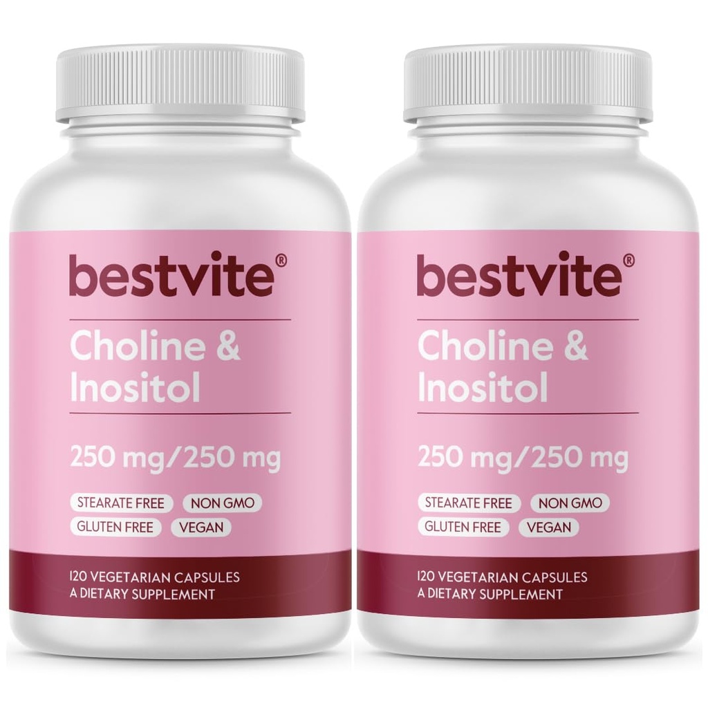 BESTVITE Choline Inositol 500mg (240 Capsules végétariennes) (120 x 2) - Pas de stéarate - Pas de phosphate de dicalcium - Pas de remplissage - Vegan - Non OGM - Sans gluten