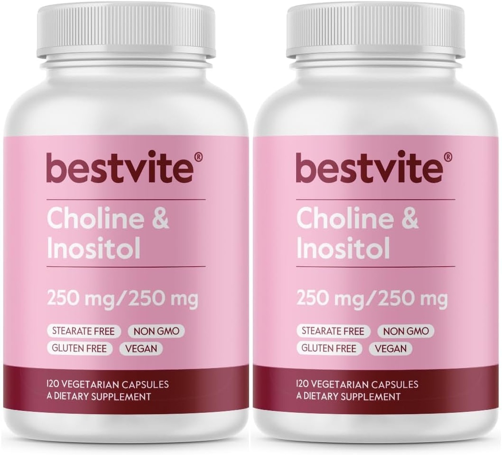 BESTVITE Choline Inositol 500mg (240 Vegetarian Capsules) (120 x 2) - No Stearates - No Dicalcium Phosphate - No Fillers - Vegan - Non GMO - Gluten Free