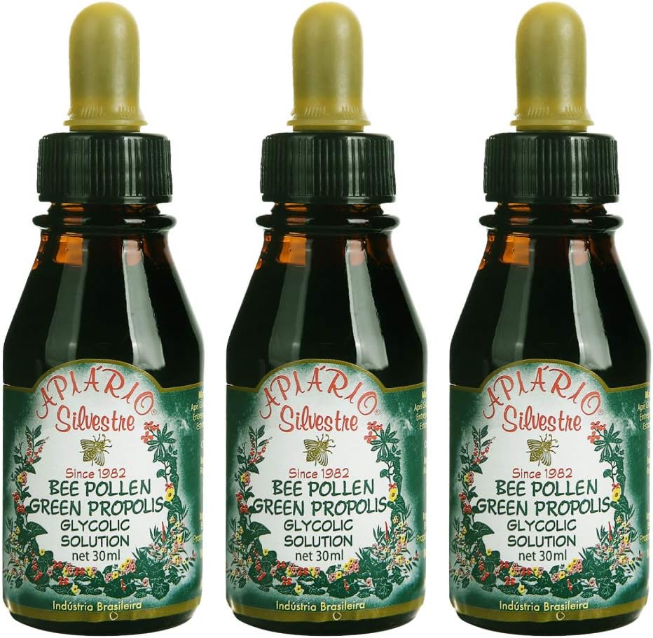 3 bouteilles d'Apiario Silvestre Bee Pollen & Brazil Green Bee Propolis Liquide - Extrait de glycolique-non alcoolique, sans cire, sans sucre