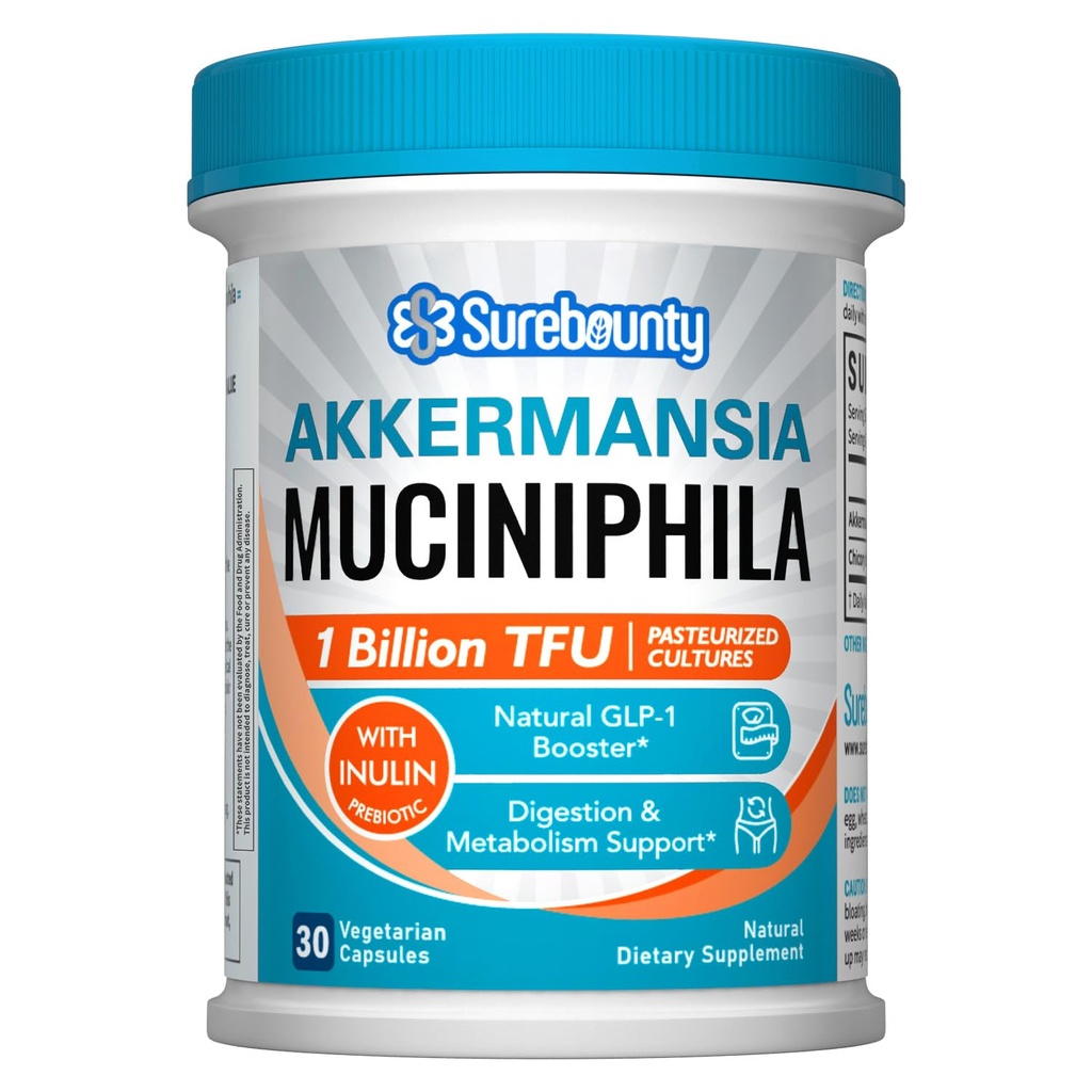 Akkermansia Probiotic GLP-1, 1 Million TFU, Akkermansia Muciniphila avec prébiotique Inulin Fiber, Gut Health for Men & Women, végétalien, non-OGM, 30 capsules